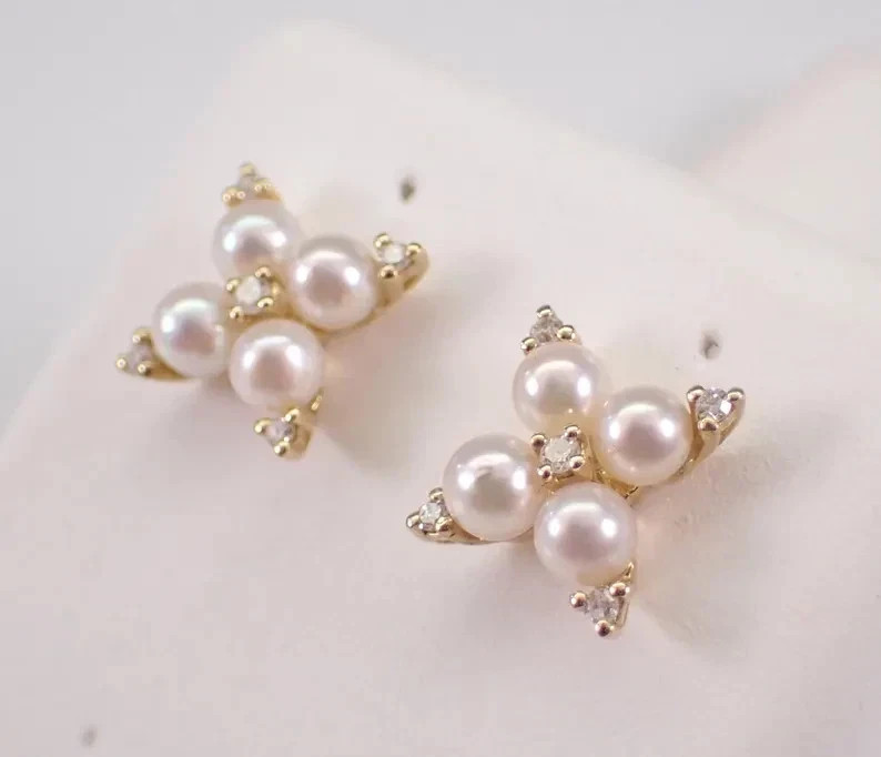 2.50Ct Round Natural Pearl Cluster Women’s Stud Earrings 14K Yellow Gold Plated