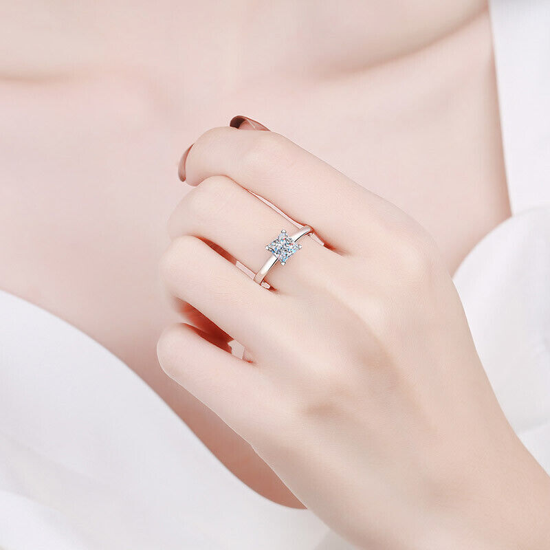 1Ct-2Ct Princess Cut GRA Moissanite Wedding Promise Ring 925 Sterling Silver