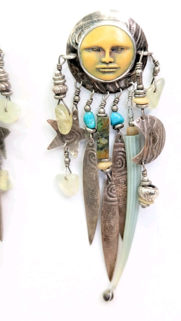 Vintage Tabra Moon Face Dangle Earrings Celestial Charms Sterling Silver 3.75 In