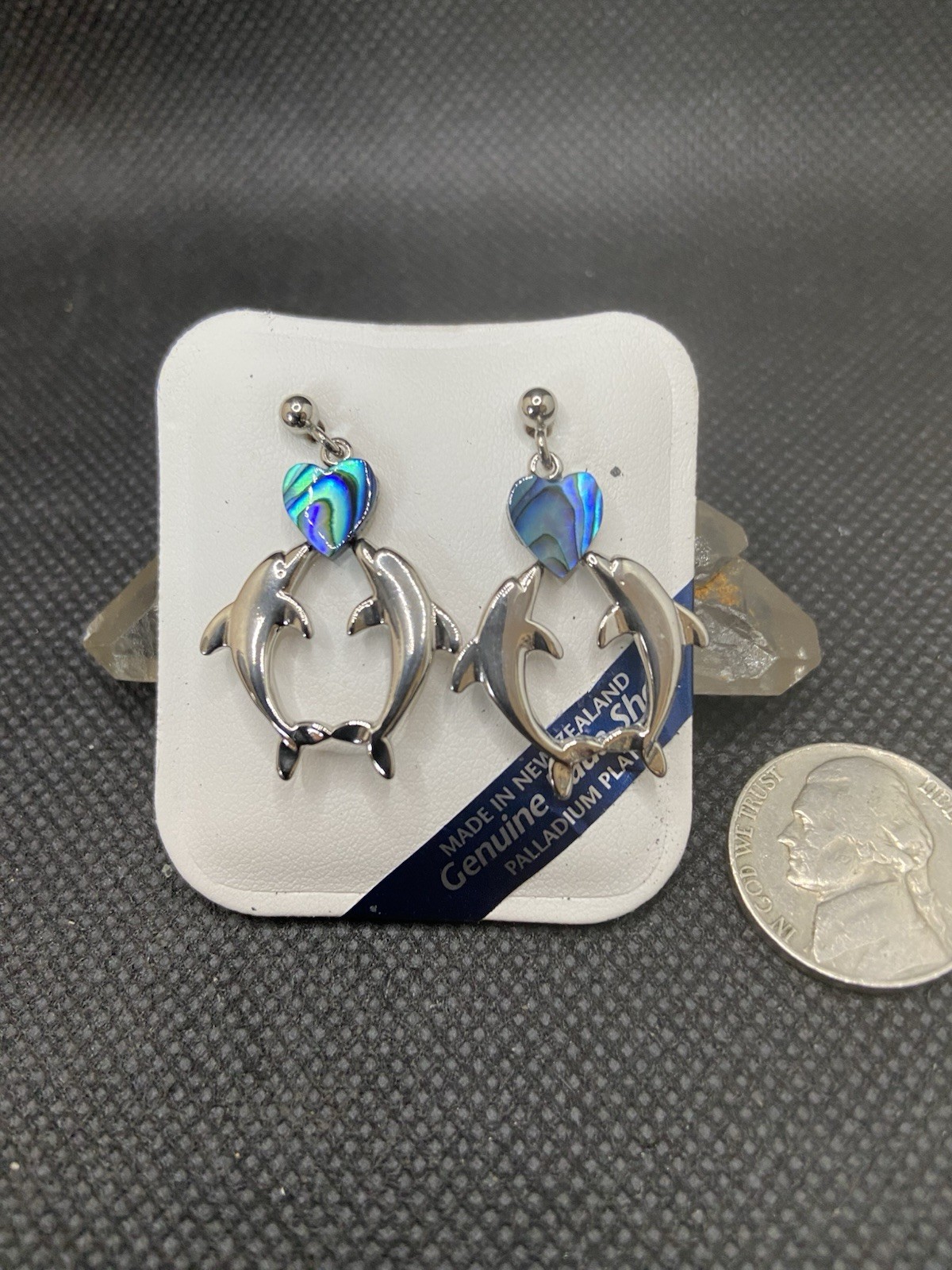 Vintage Ariki Palladium Plated Dolphins Genuine Paua Heart Stud Dangle Earrings