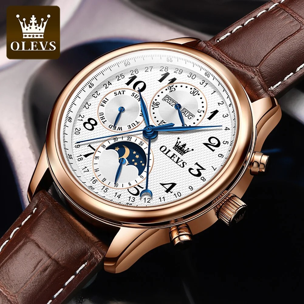 OLEVS Automatic Mechanical Watch Men’s Moon Phase Waterproof Leather Men Strap
