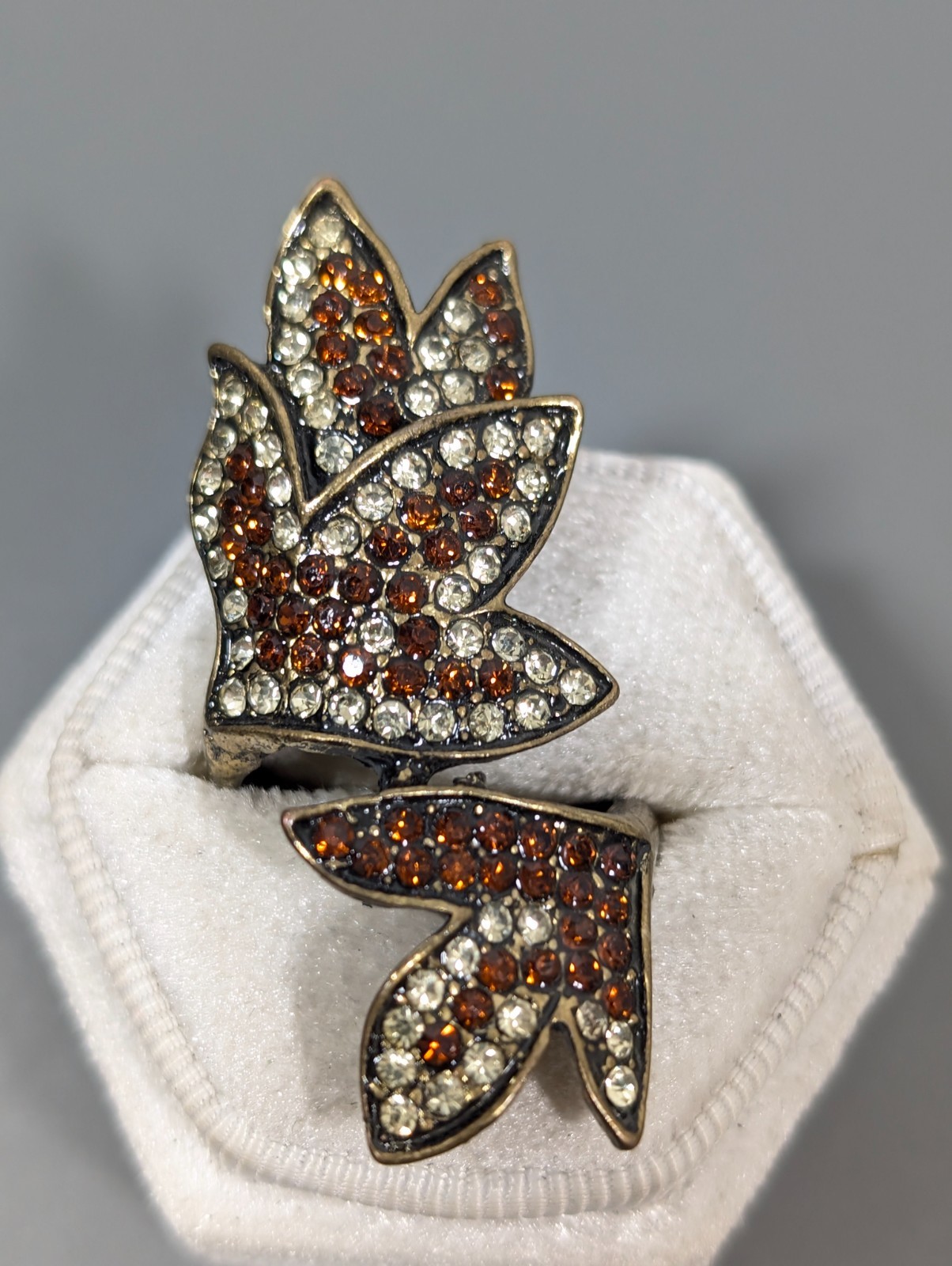 Full Finger Leaf Ring Bronze Tone Rhinestones Brown Clear Crystal Statement Sz 7