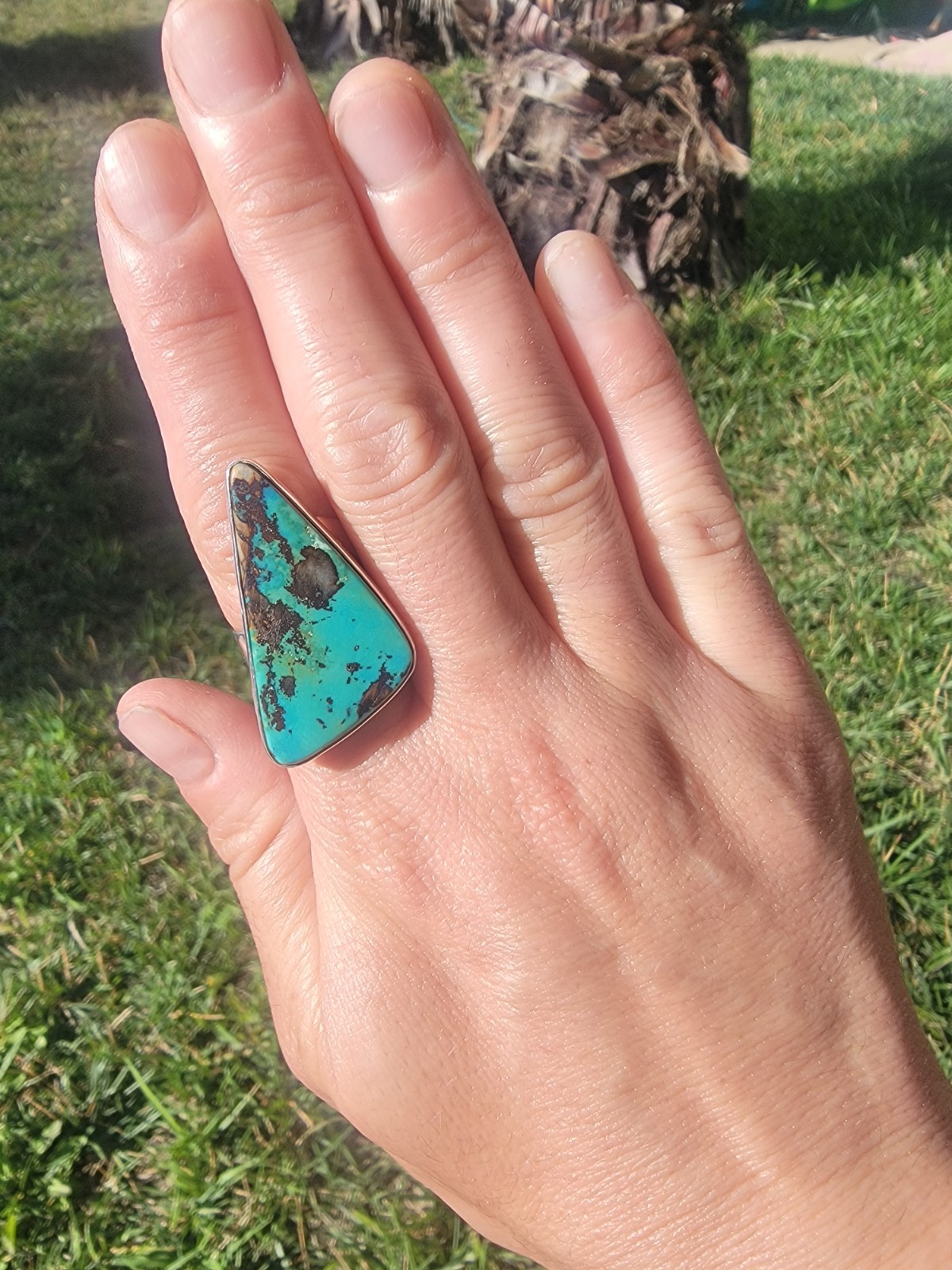 Big Blue Green Royston Turquoise Stone Adjustable Ring Signed 925 Sterling 13.5g