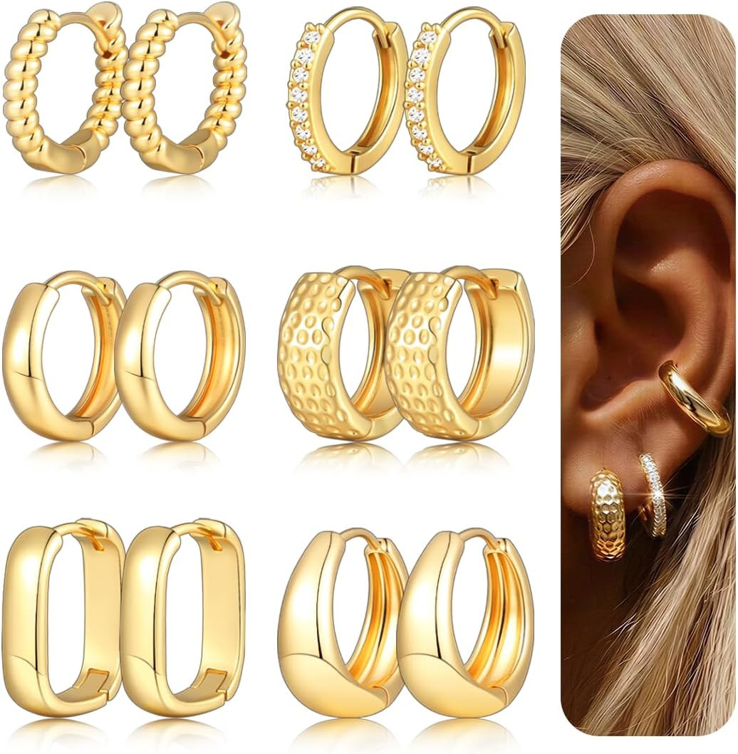Small Chunky Gold Hoop Earrings for Women 6 Pairs, Multipack Jewelry Gifts | Hug
