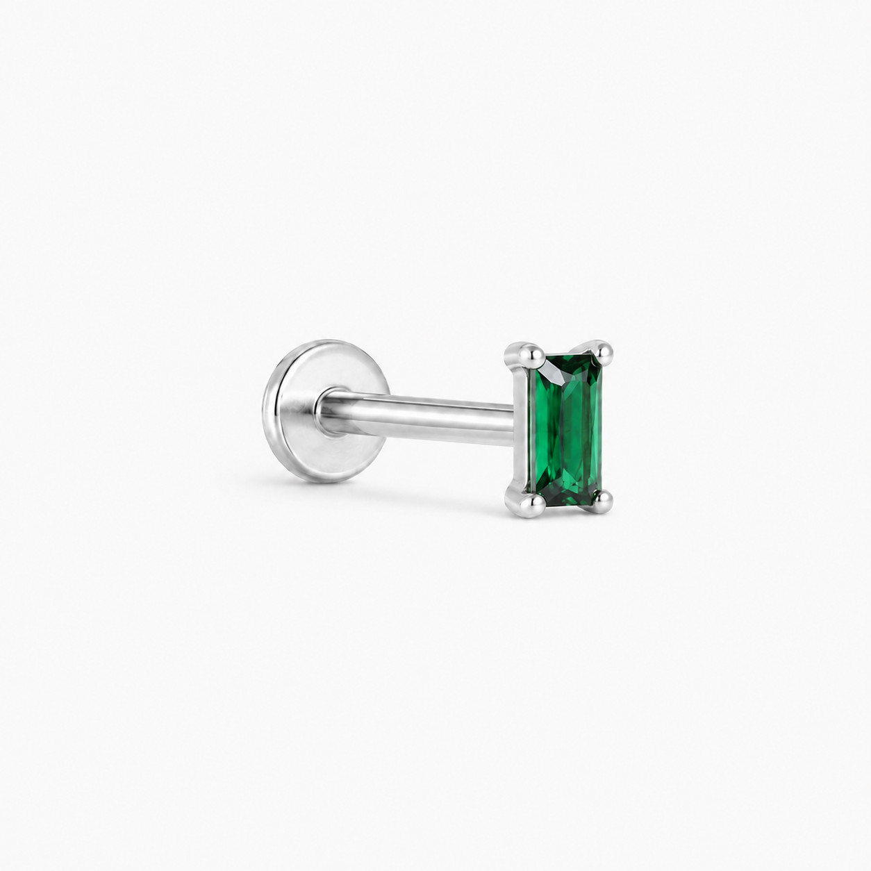 Emerald Baguette CZ Titanium Flat Back Labret Stud Threadless Push Pin 16G-20G