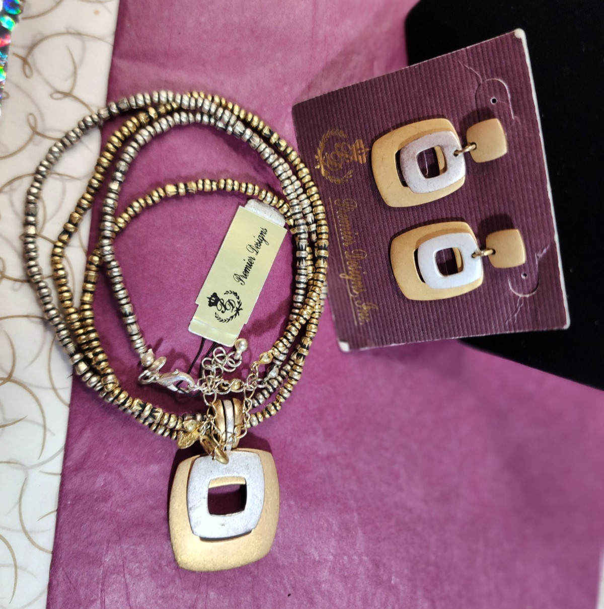 Premier Designs Geometric Silver Tone Gold Tone “Pacific” Necklace & Earring Set