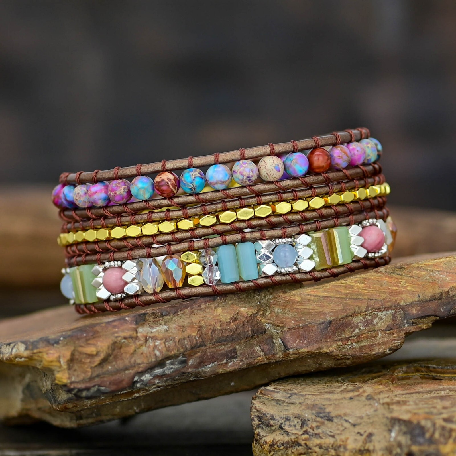 Sea Sediment Bohemian 3 Strand Colorful Boho Handmade Wrap Healing Yoga Bracelet