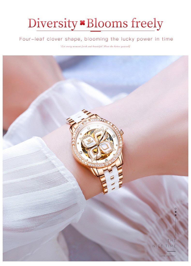 OLEVS 6612 Leather Ceramic Fashion Automatic Female Dress Mechanical Wristwatch