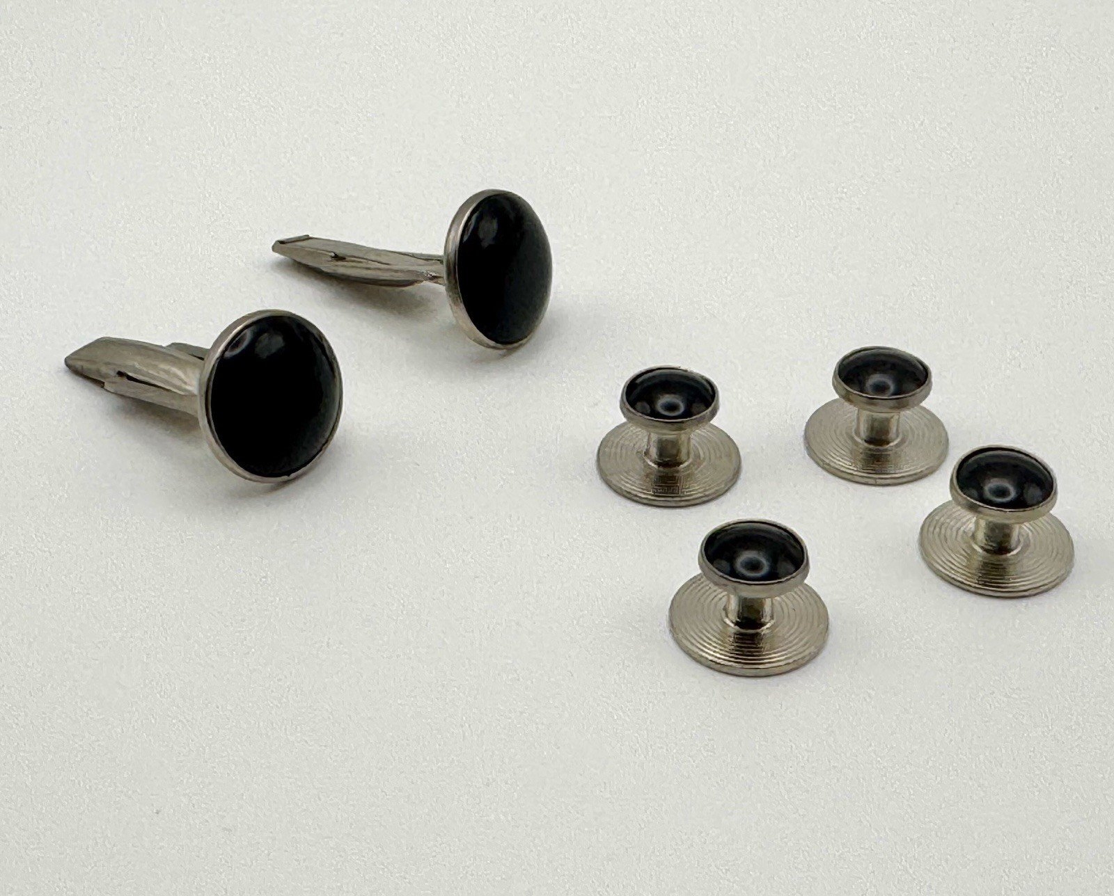 Vintage Pioneer Cufflinks and Tuxedo Studs Set Silver ToneBlack Onyx Formal