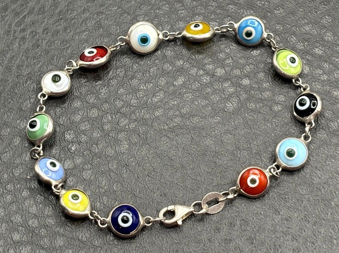 Vintage Sterling Silver 925 Multicolor Glass Evil Eye Link Bracelet 7.5″