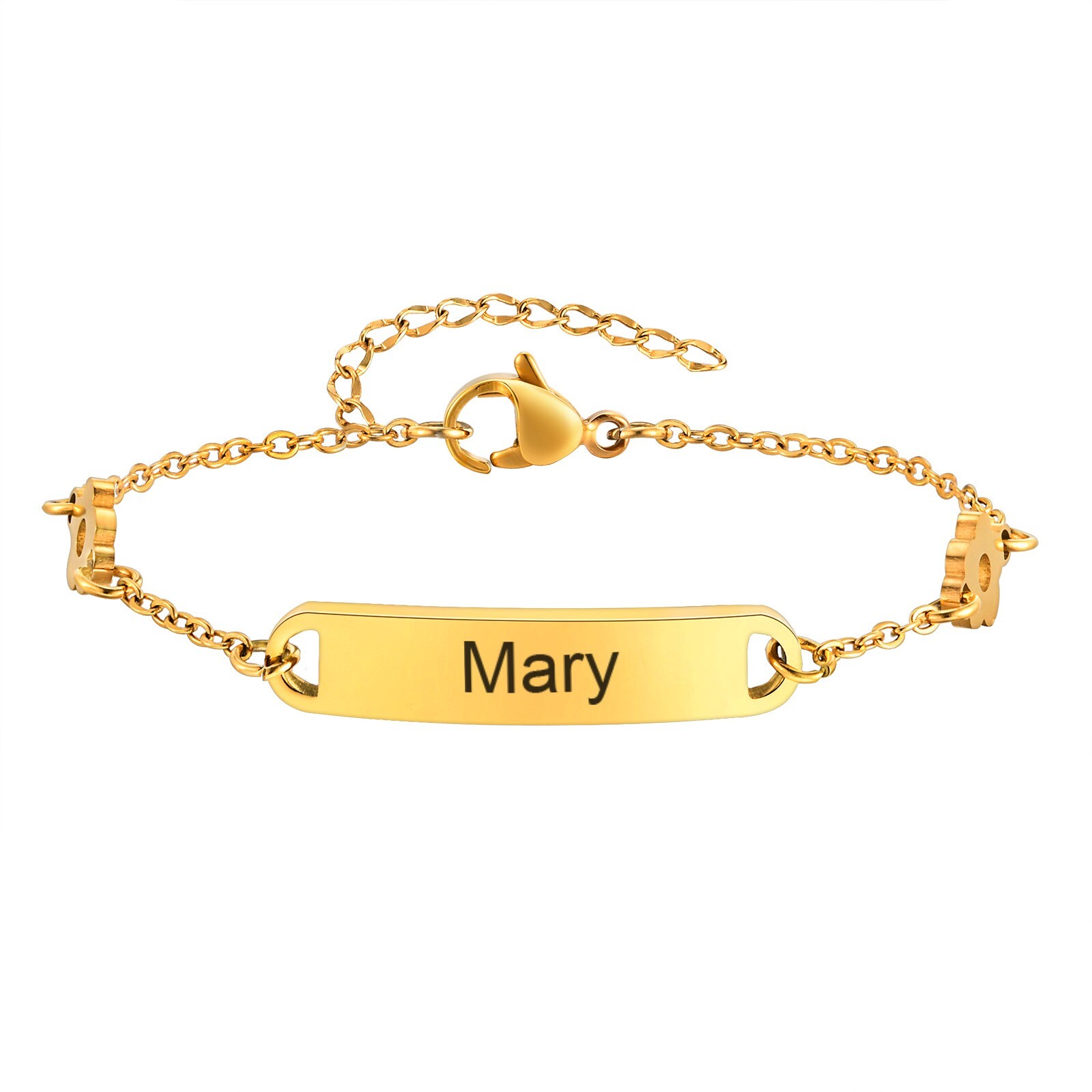 Fashion Stainless Steel Flat Cross Chain Flower ID Bracelet Female Golden 8.26in