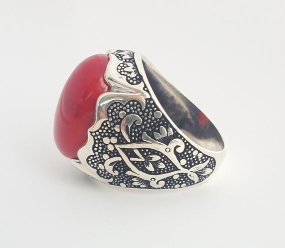 Solid 925 Sterling Silver AA Italian Red Coral Gemstone Signet Men’s Unisex Ring
