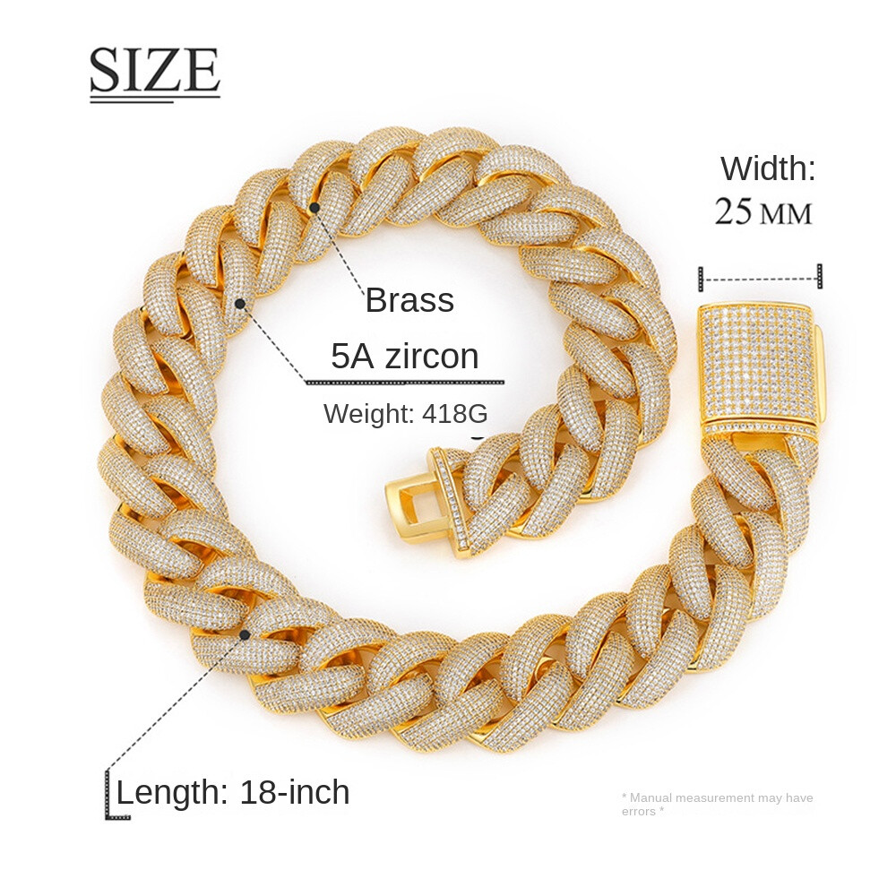 25mm Hip Hop Bubble Cuban Link Chain White CZ Stone 18K Real Gold Plated Jewelry