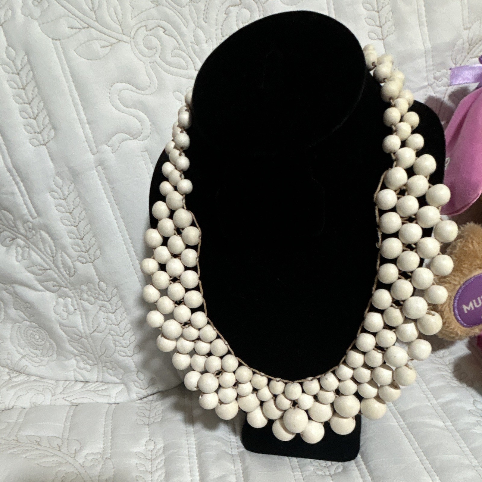 White Multi-Strand Beaded Bib Statement Necklace Adjustable Link Chain Lobster