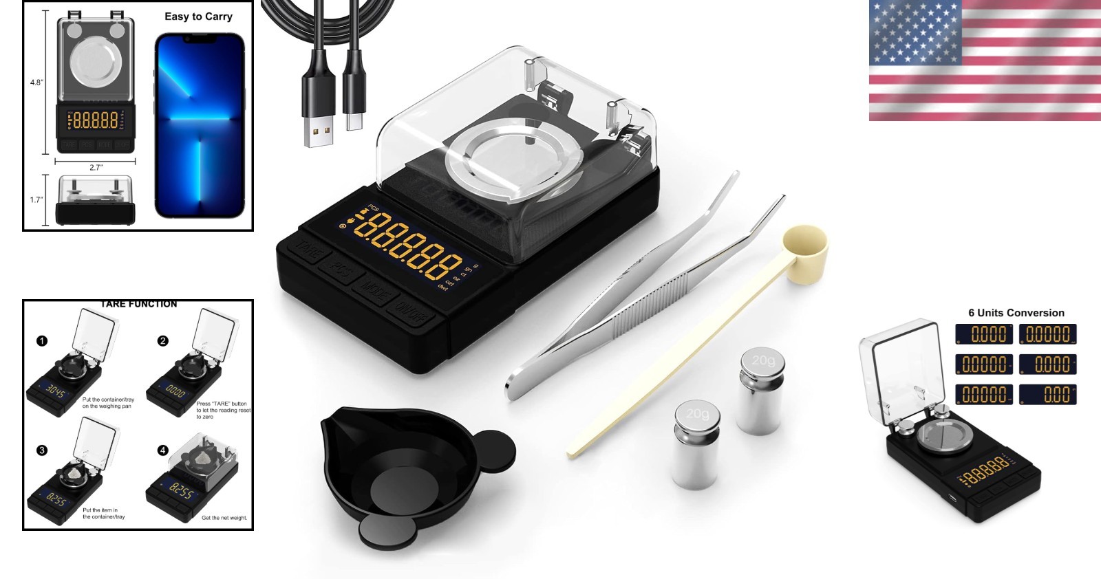 Compact 50g Milligram Scale with Tare Function & Calibration Weight – Black