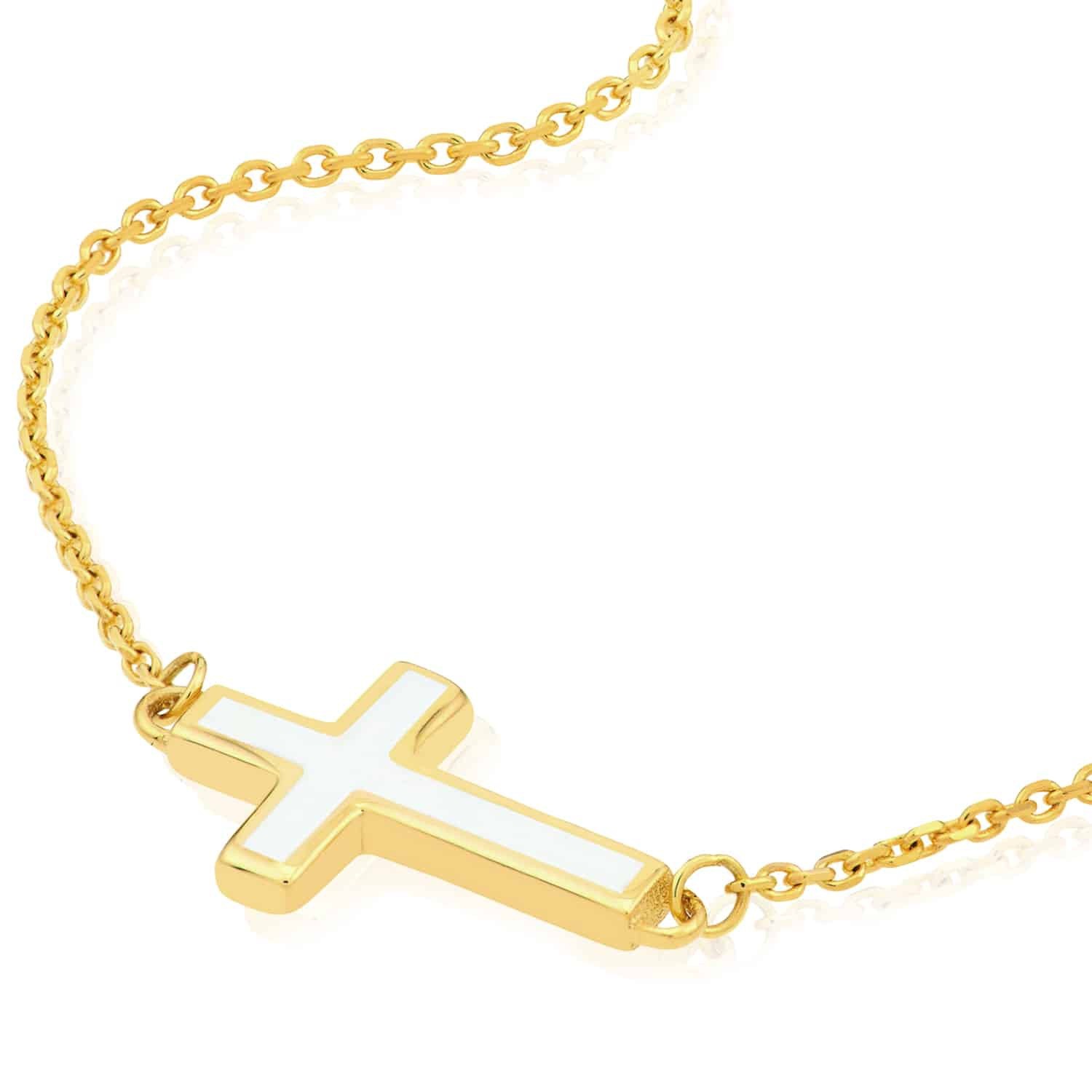 14K Real Gold White Black Turquoise Sideways Cross Pendant Necklace 16-18″ Adj