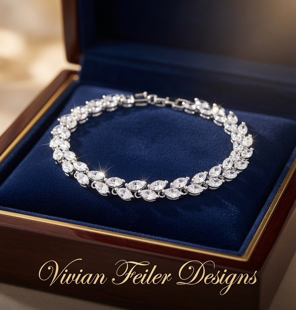 Bridal Tennis Bracelet Wedding Marquis Cut Leaf Vine CZ Silver, Gold, Rose Gold