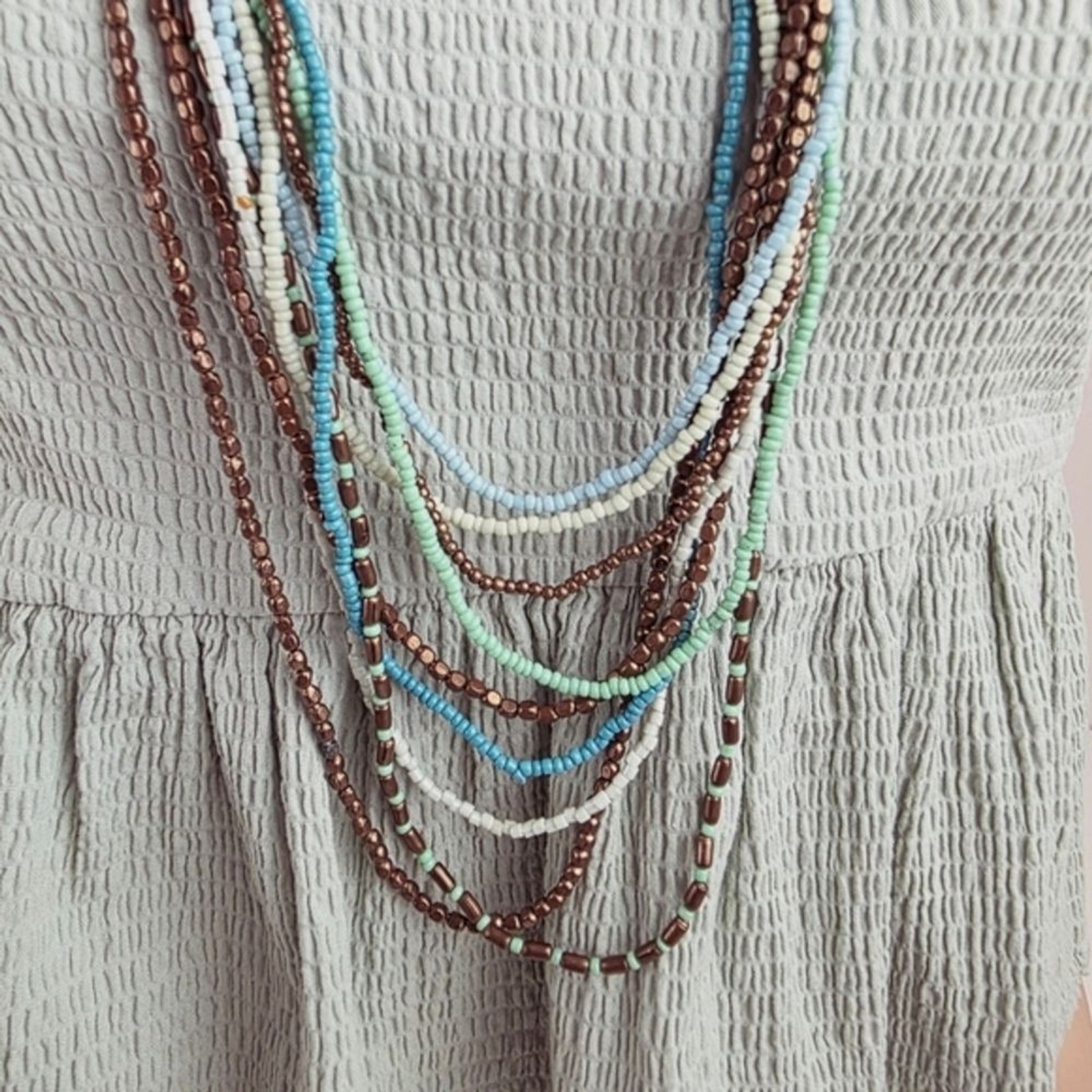 Multicolor Beaded Braided Necklace Boho Layered Blue Turquoise Brown Green Tan