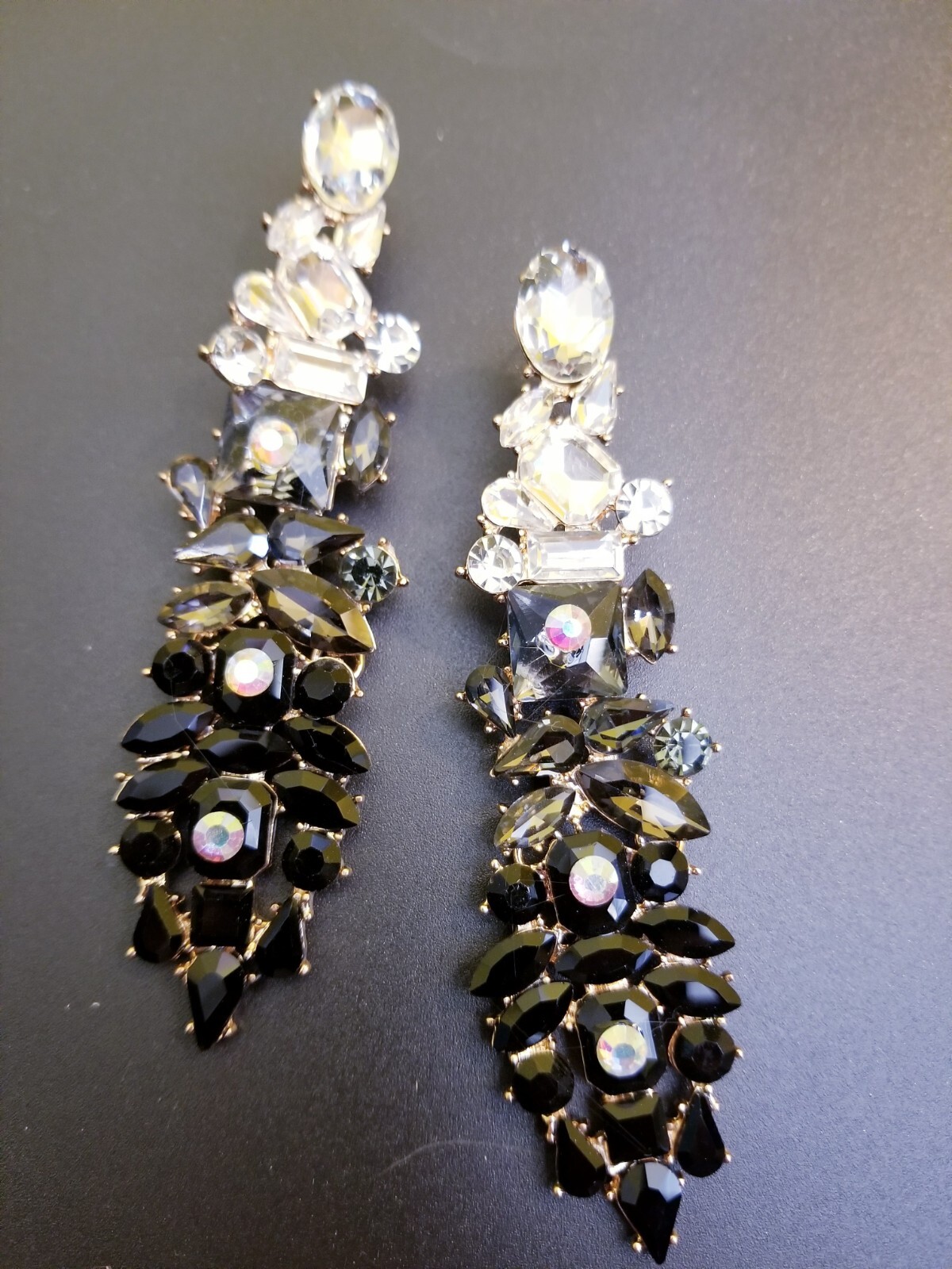 AB Black Drop Earrings, Bridesmaid Rhinestone Earrings, 4.2 Inch Pageant Jewelry