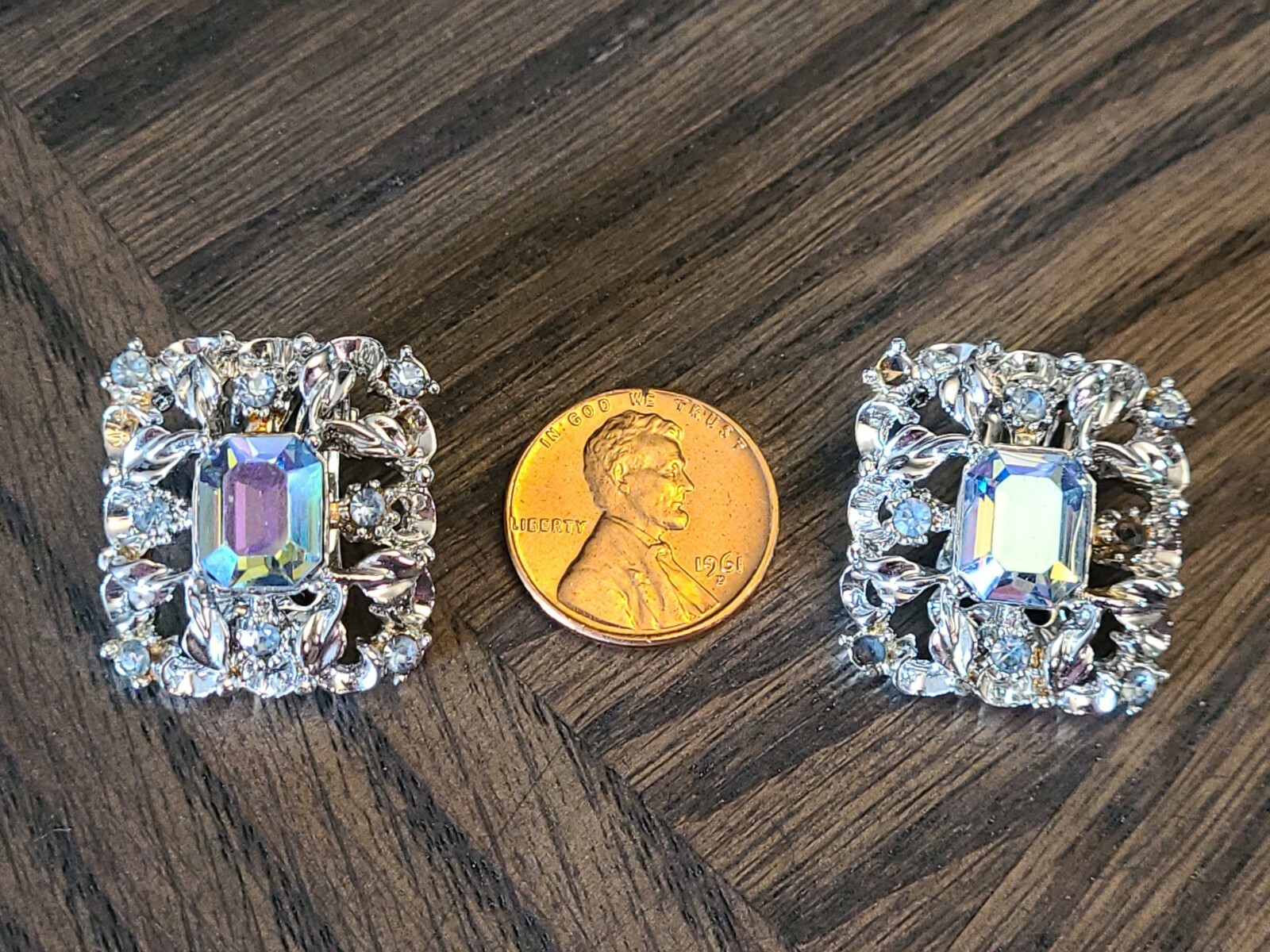 Vintage Signed Coro Costume Jewelry Earrings Aurora Borealis Rhinestones
