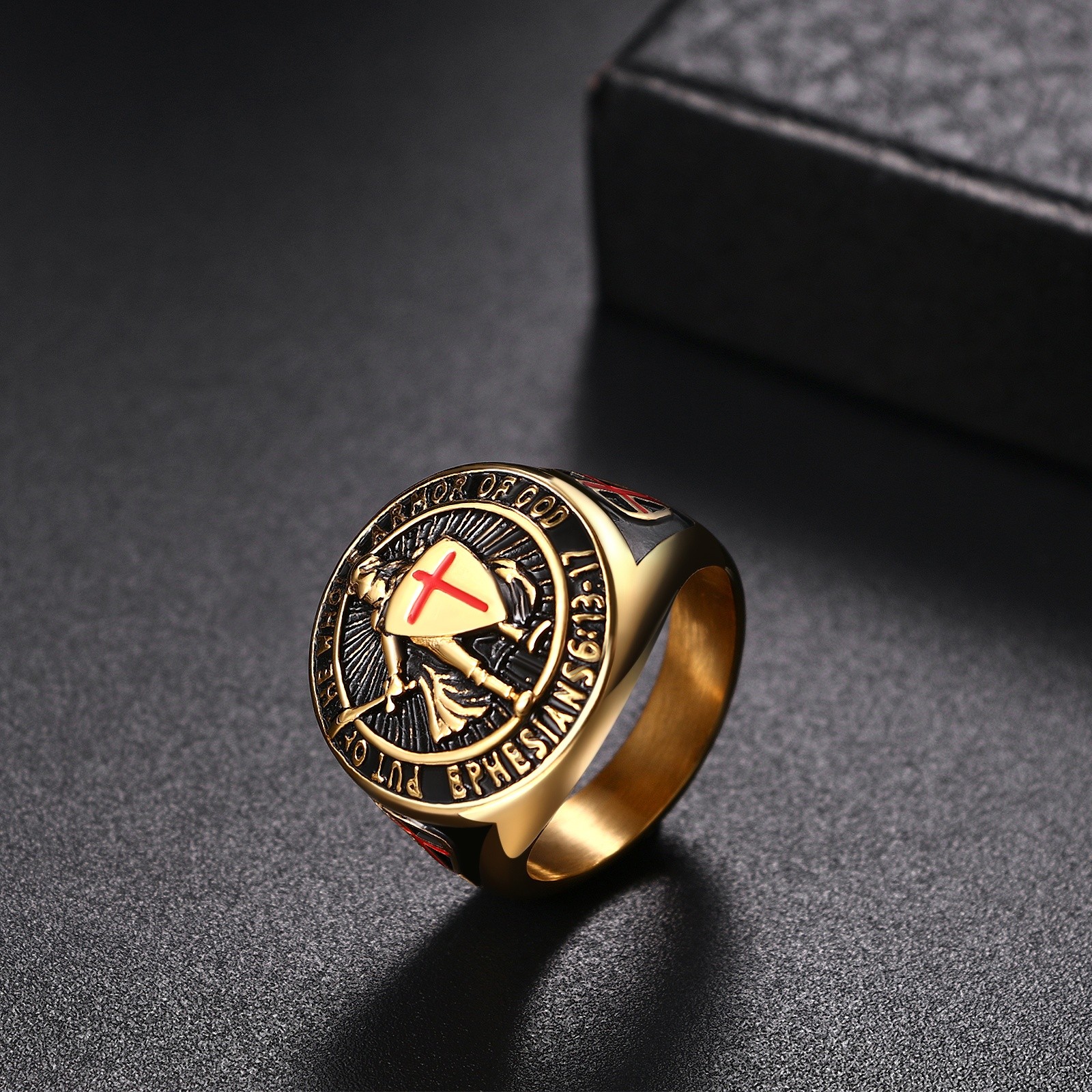 Men Archangel St Michael Shield Guardian Stainless Steel Signet Ring #8-13