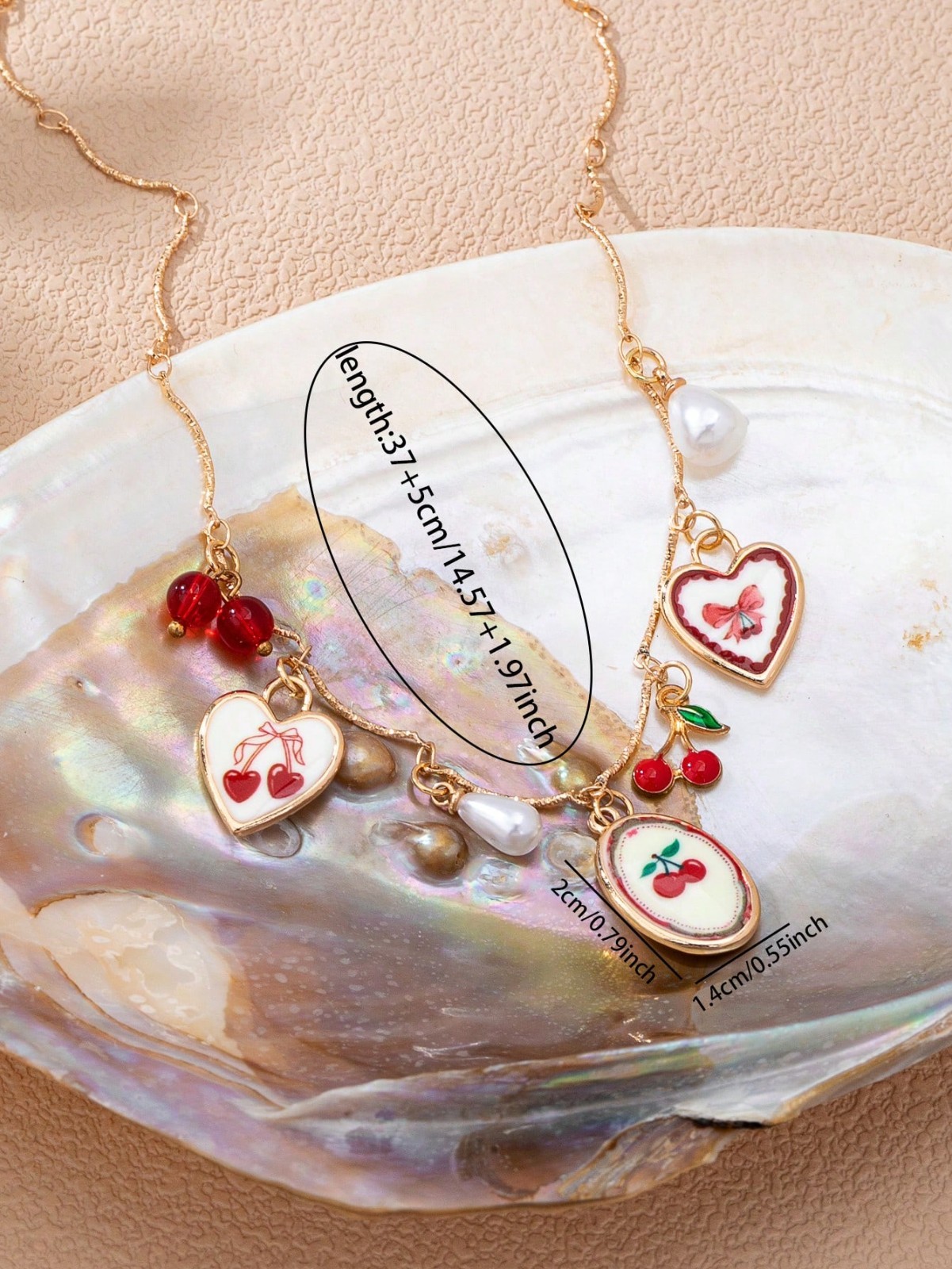 Cute Cherry Charm Necklace Gold Tone Y2K Coquette Pearl Heart Pendant Necklace