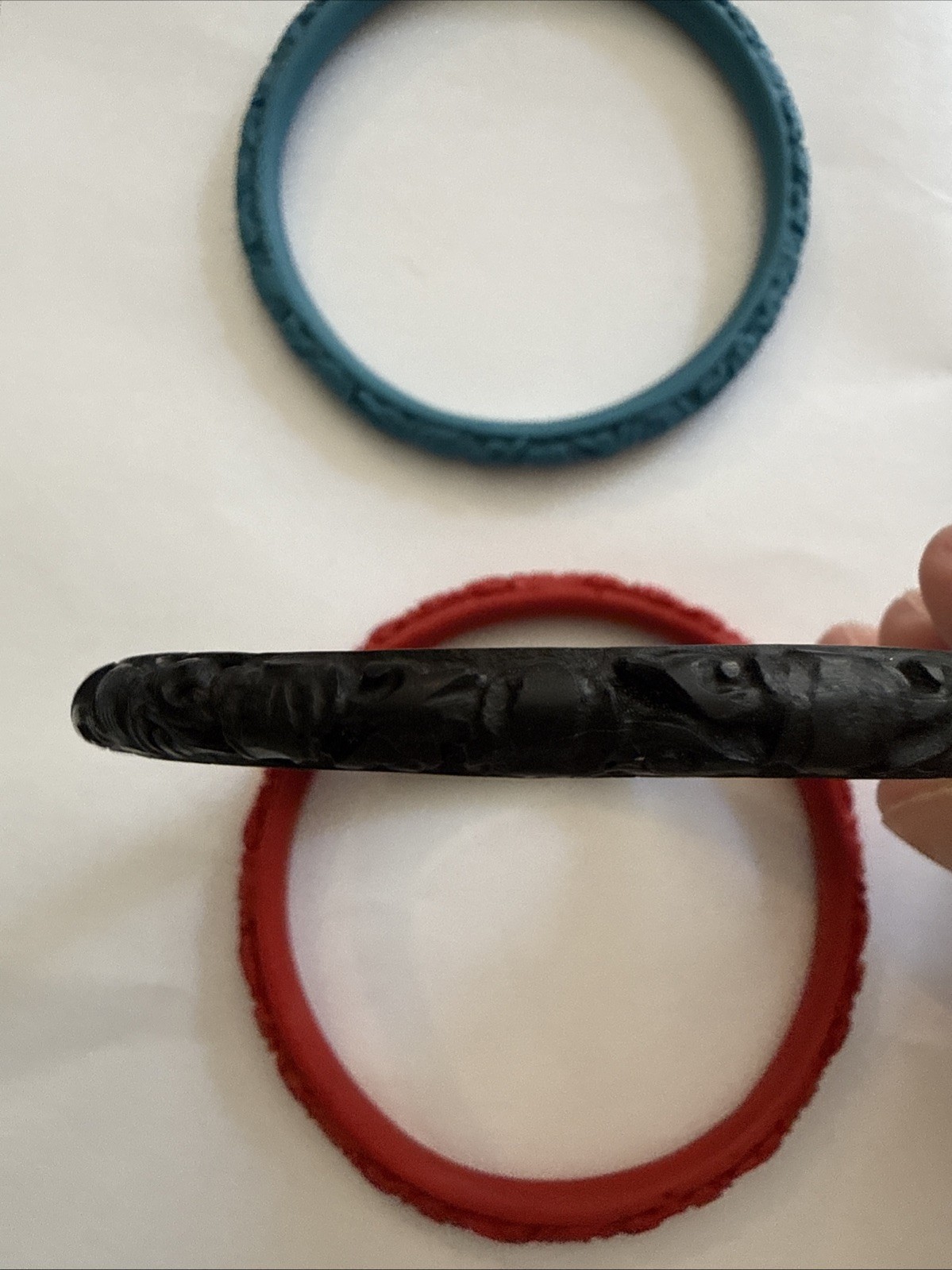 Vintage Chinese Export Faux Cinnabar Carved Resin Bangle Set- 3 Red, Teal, Black