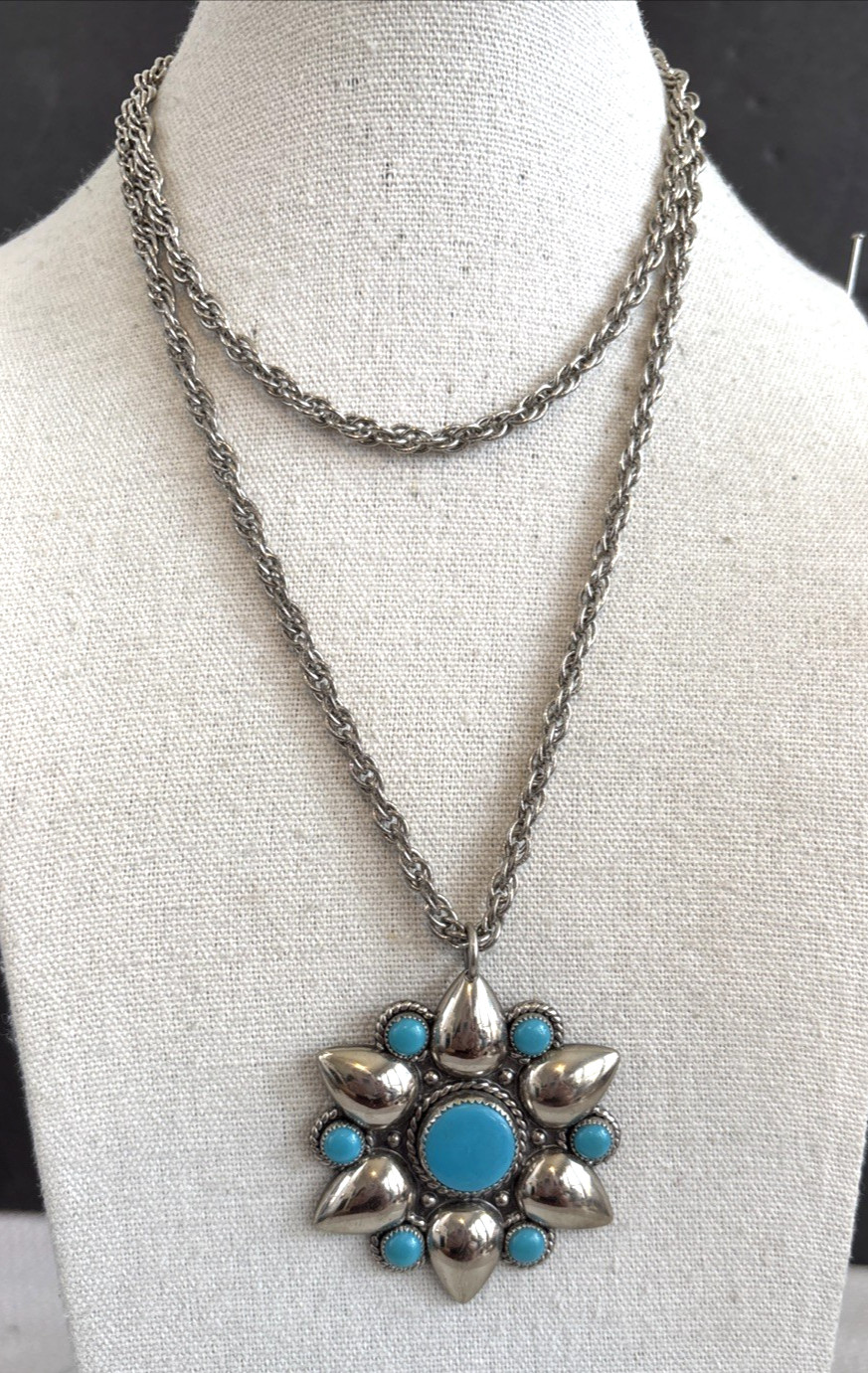 VTG Bell Trading Post Nickle Silver Faux Turquoise Pendant Signed Starburst