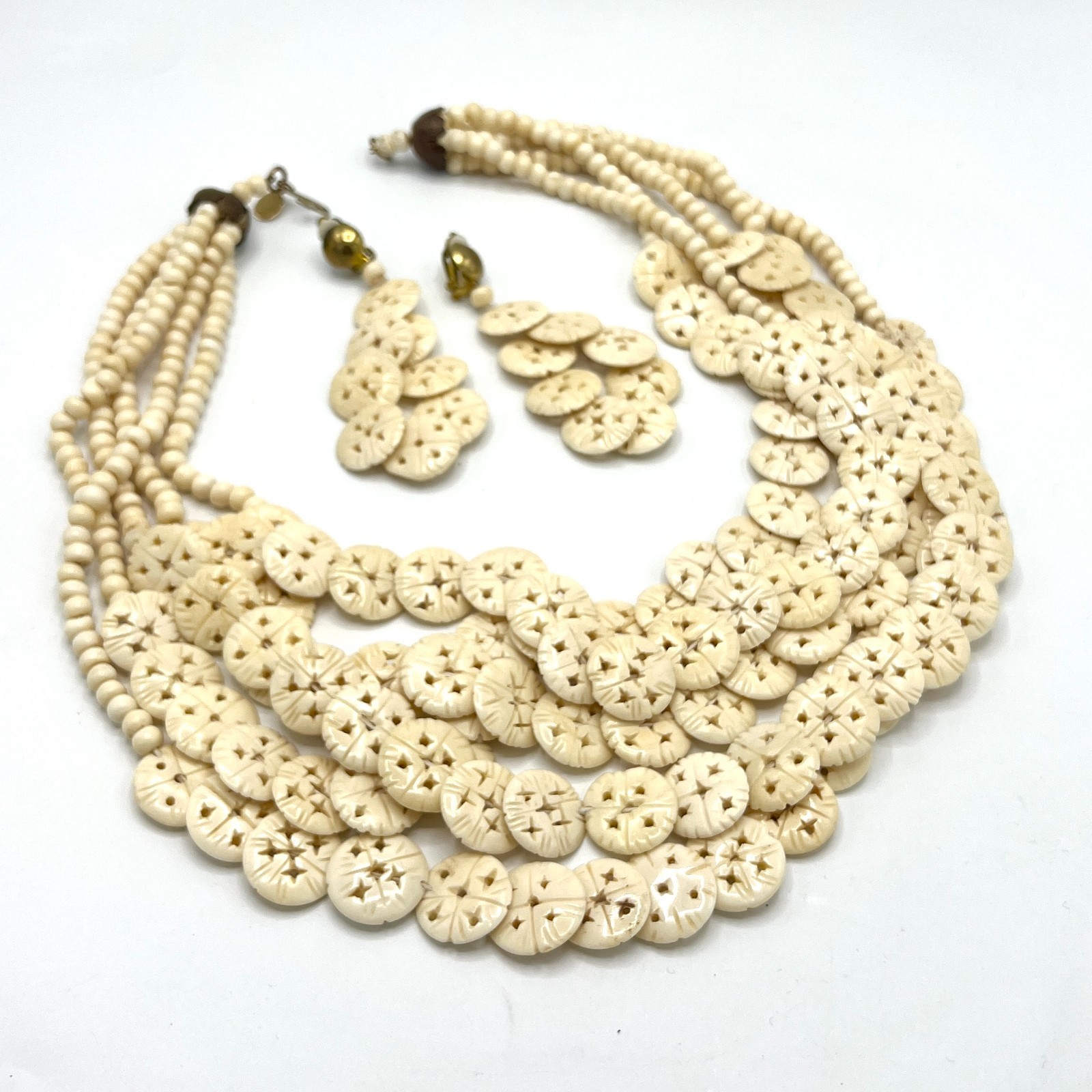 Anka Vtg Necklace, Bracelet and Earrings Set Multi Strand Disc Statement-3 pcs.