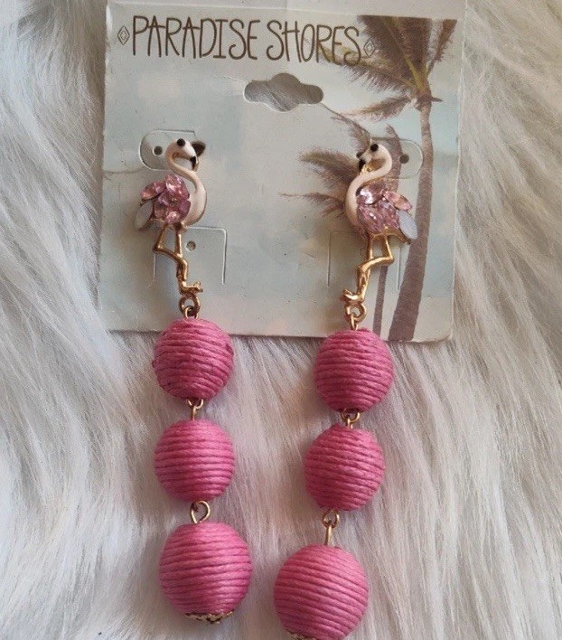 NWT Earrings Paradise Shores Pink Flamingo Enamel, Rhinestone Twine Ball Drops