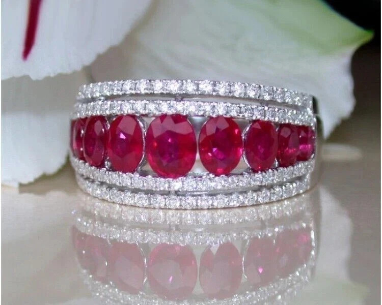 4.70Ct Oval Cut Natural Red Ruby & Diamond 14K White Gold Eternity Band Ring
