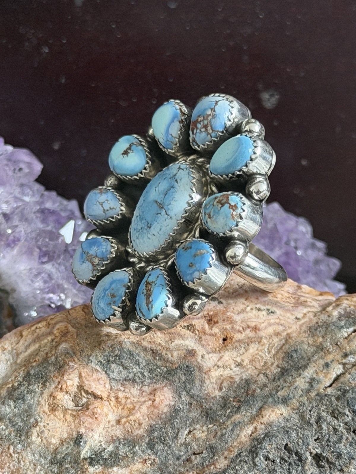 Golden Hills Turquoise Cluster Ring Native Sterling MJ Adjustable Statement