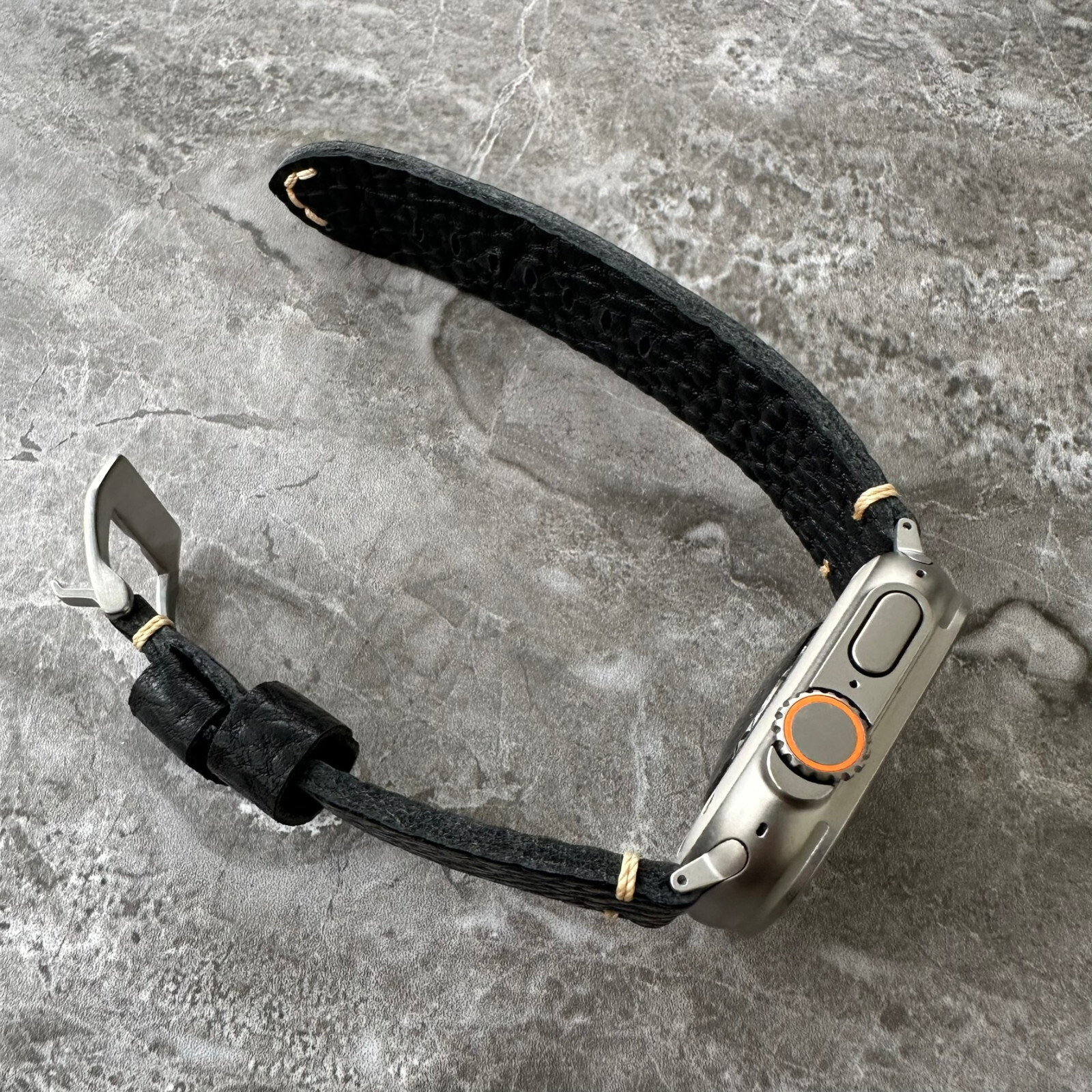 Thick Lychee Dark Black Leather Watch Strap Band For Apple Watch Ultra 1 2 49mm