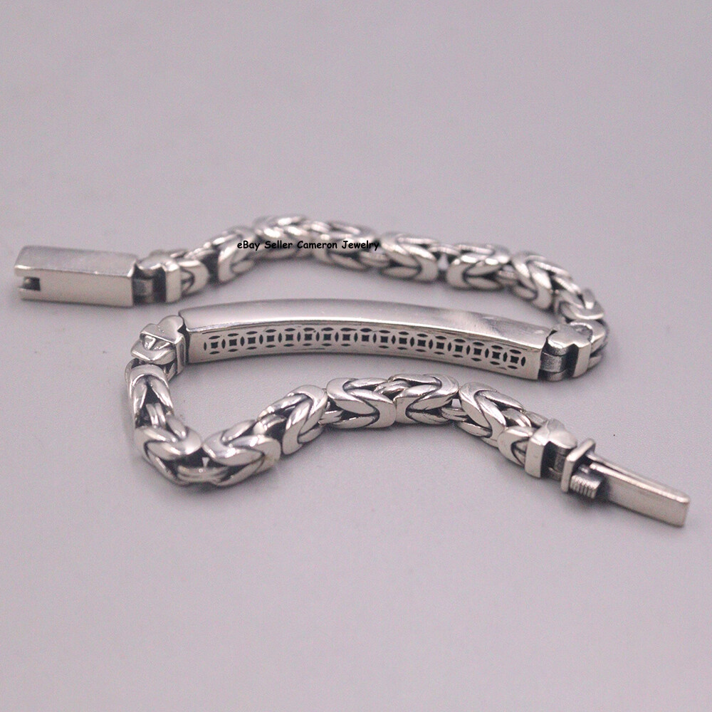 Pure S925 Sterling Silver Chain 4.5mm Byzantine ID Link Bracelet 24-25g 8.26inch