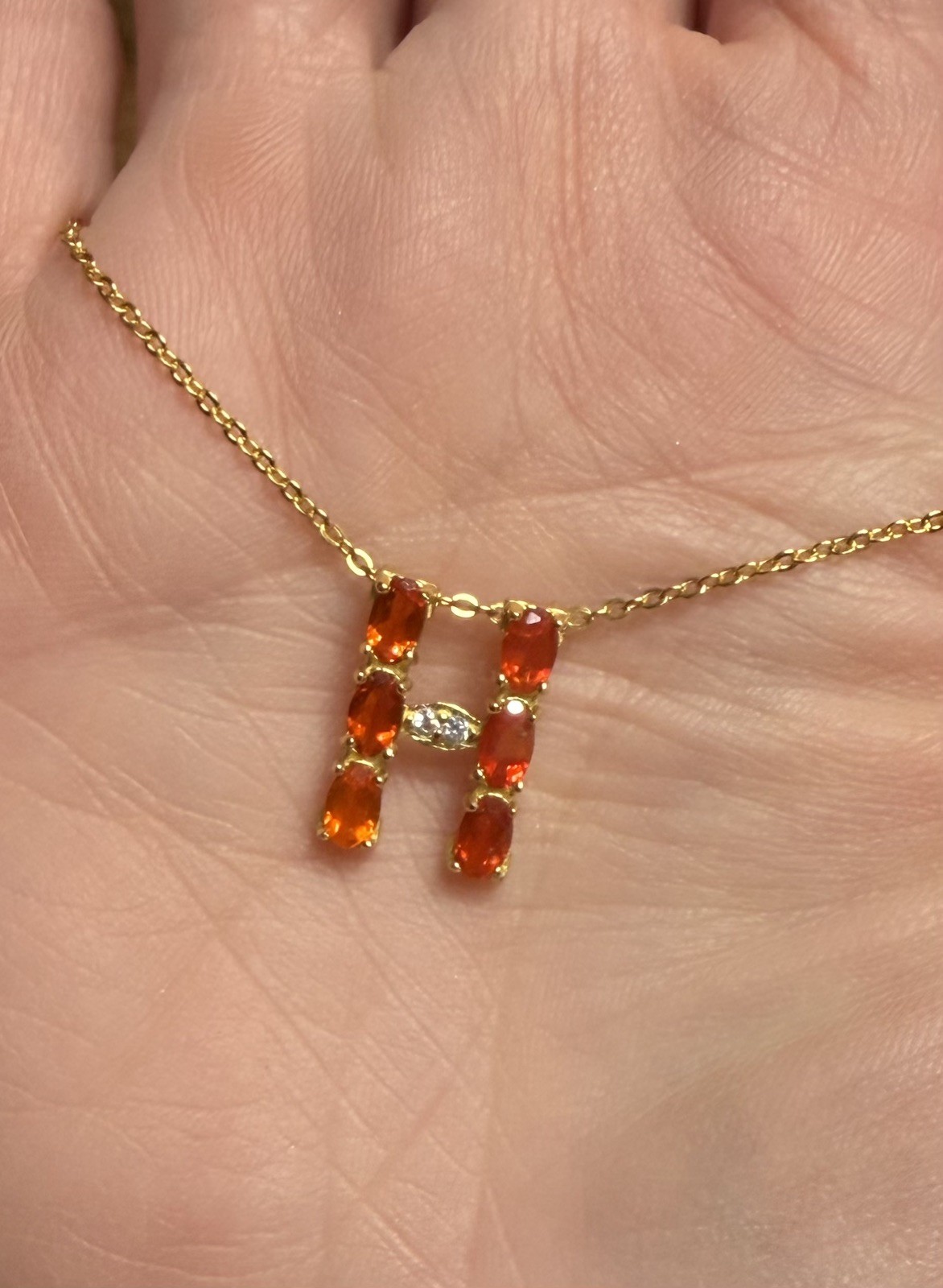 Natural Orange Fire Opal Initial “H” Pendant Necklace 18K Gold over 925 SS 20 in