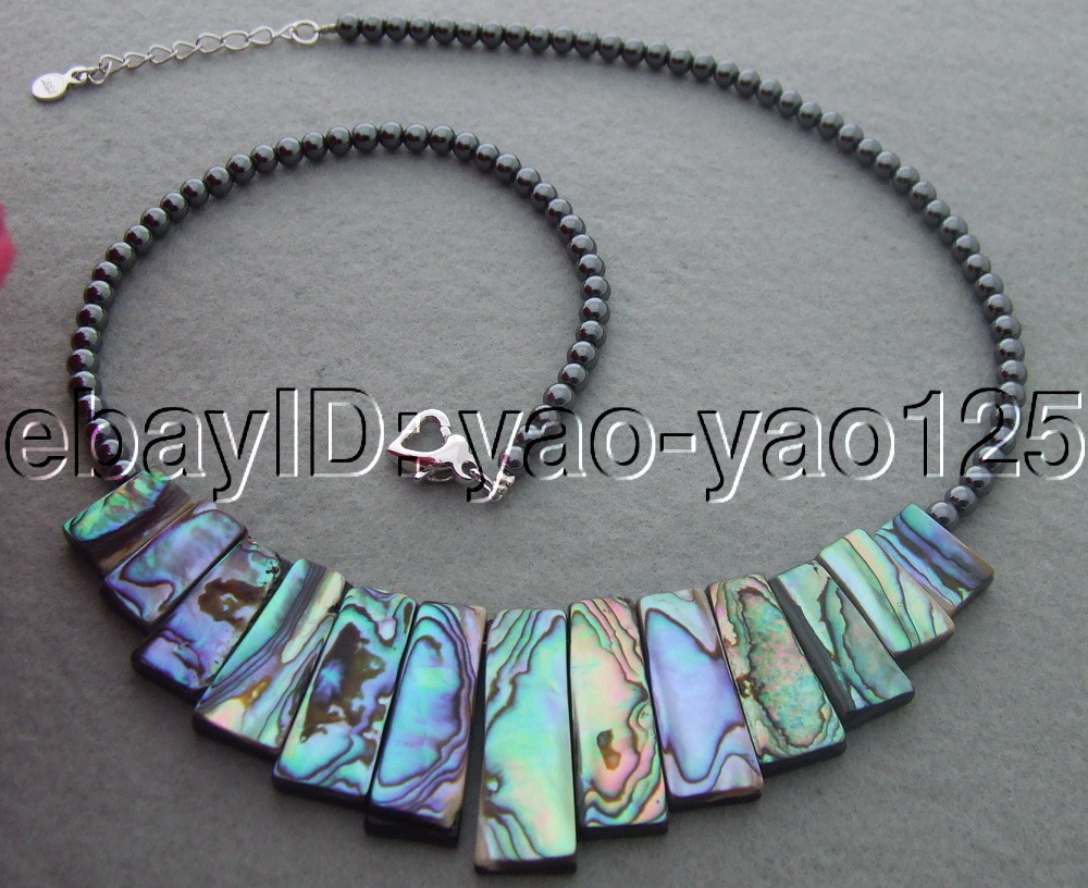Ntural Paua Abalone Shell Hematite Necklace 18″ free shipping