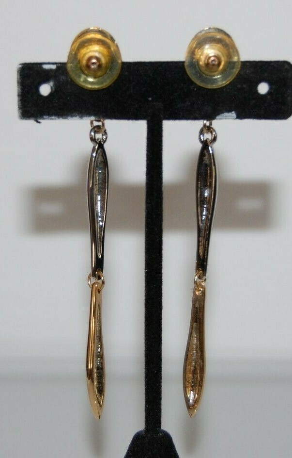 Elegant Vtg 80 Couture Silver & Gold Toned Metal Modern Style Drop Post Earrings