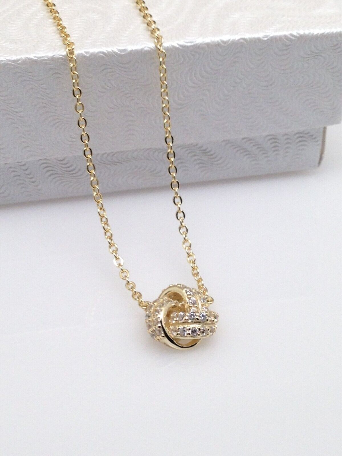 925 Sterling Silver CZ Gold Love Knot Pendant Necklace Women 8mm 15.75-17.75″