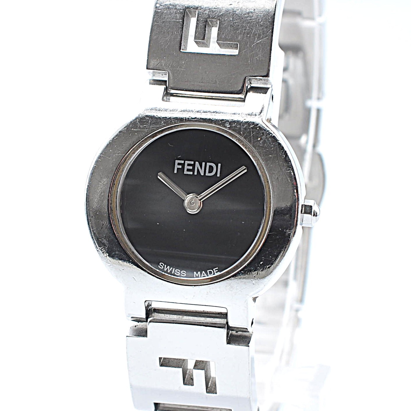 FENDI 3050L 3ATM Quartz Analog Silver Black Dial Women Swiss Made Auth w-1179
