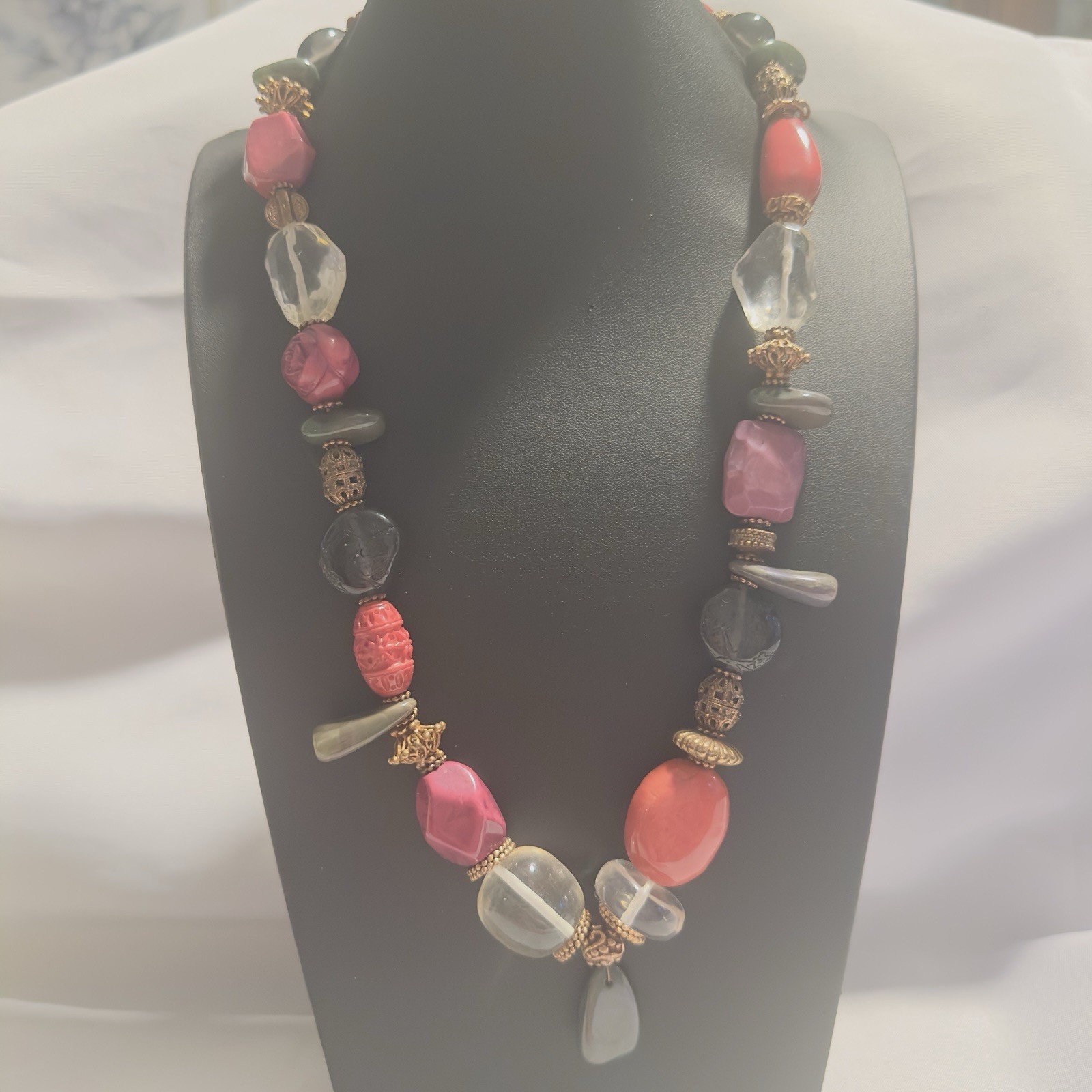 Chunky Statement Beaded Necklace Pink Purples Clear Multi Shape Acrylic Smooth