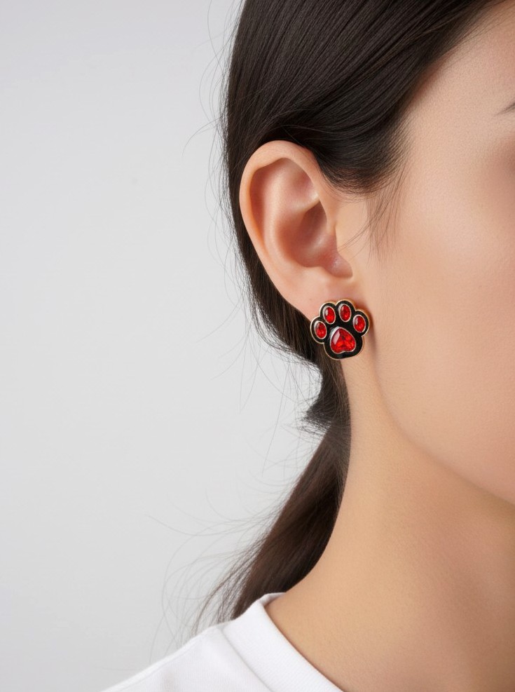 Paw Print Stud Earrings 0.8in, Rhinestone Enamel, Gameday Team Colors