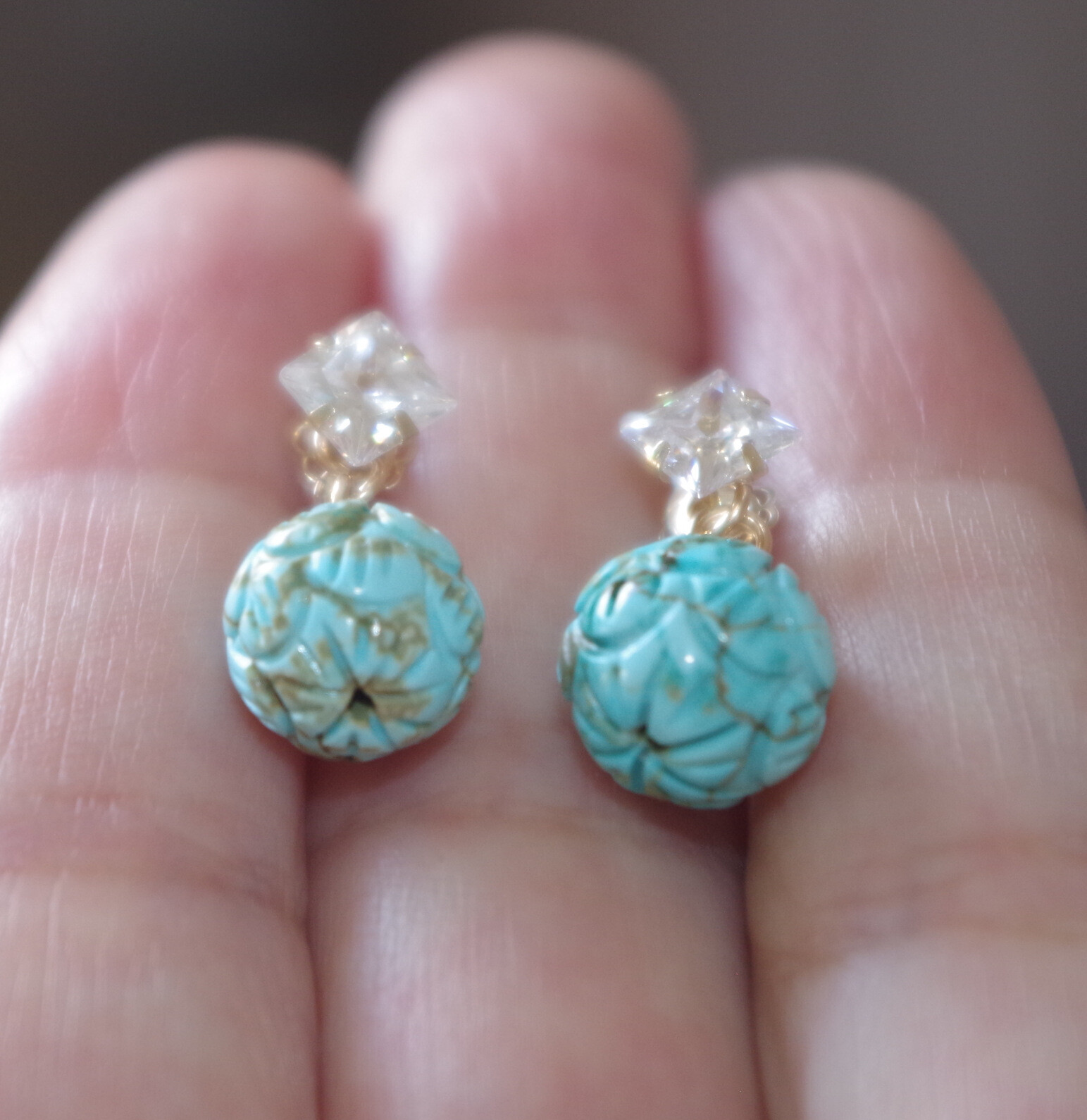 VINTAGE 1OK GENUINE 6 MM ZIRCON STUD EARRINGS W 10 MM TURQUOISE BALL JACKETS