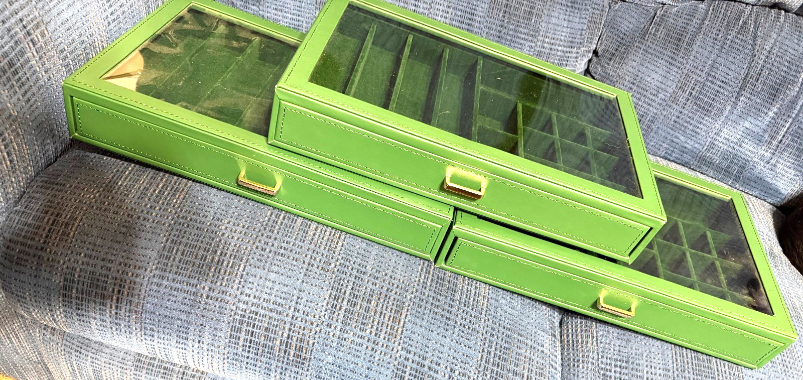 Set 3 Green Leatherette Plastic Top Jewelry Display Cases Trays Organizer Drawer