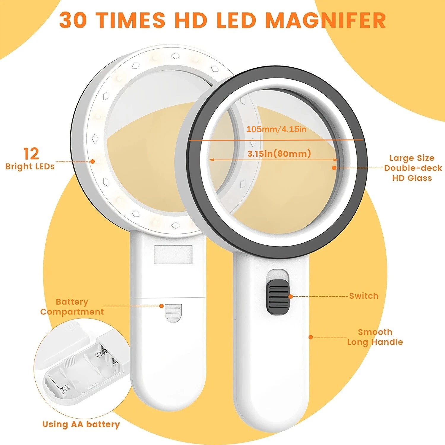 30x Jumbo Handheld Magnifying Glass w/ 12 Bright LED Light Illuminated Magnifier