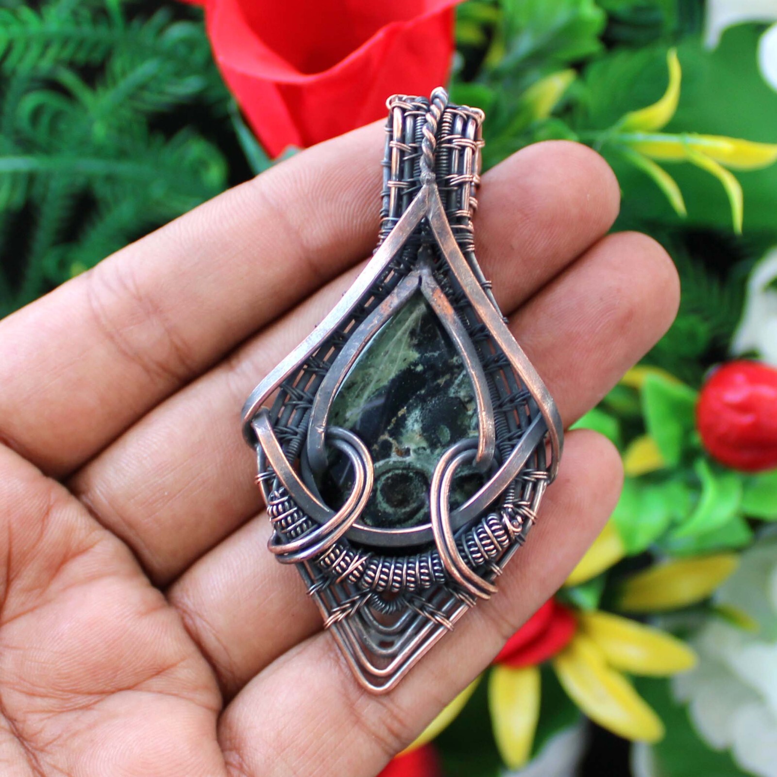 Kambaba Jasper Pendant Copper Wire Wrapped Pendant Handmade Jewelry Gift For Her