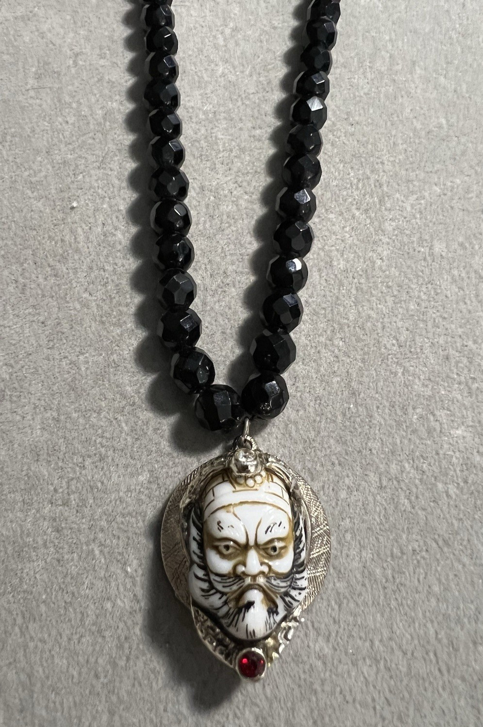 Vintage 15” Black Crystal Faceted Beaded Choker With Asian Warrior Pendant