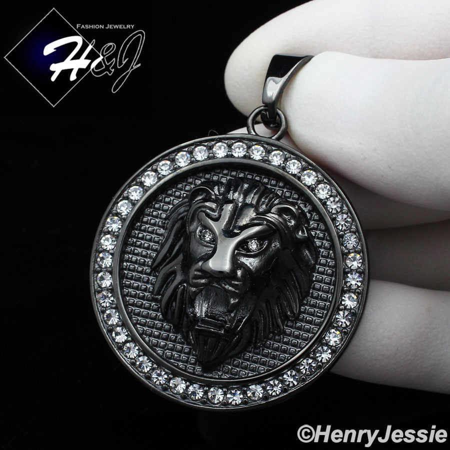 18″-40″MEN Stainless Steel 6mm Black Plated Cuban Curb Chain CZ LION Pendant*109