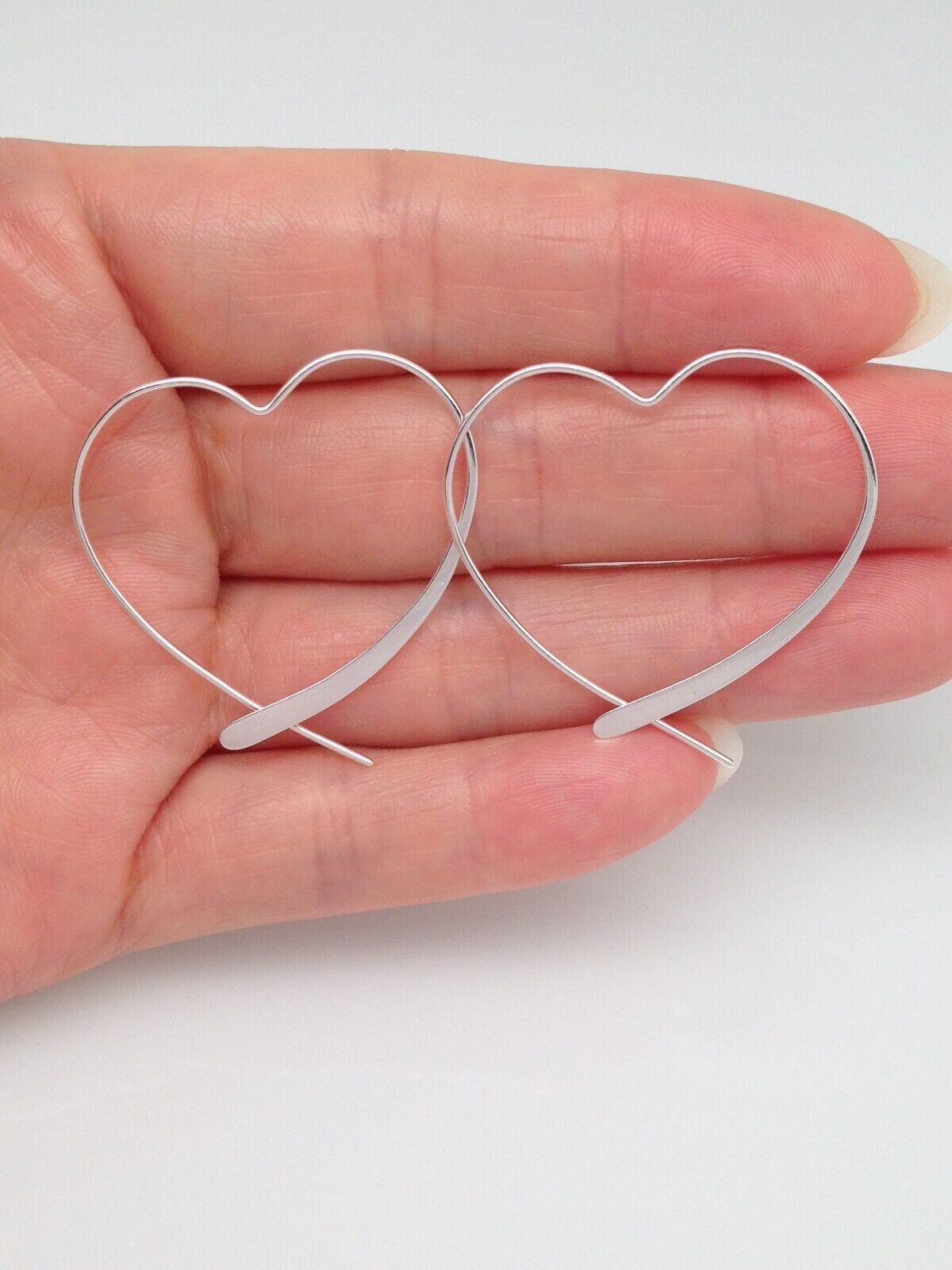 925 Sterling Silver Heart Threader Hoop Earrings Plain 34mm(1.34″)x32mm