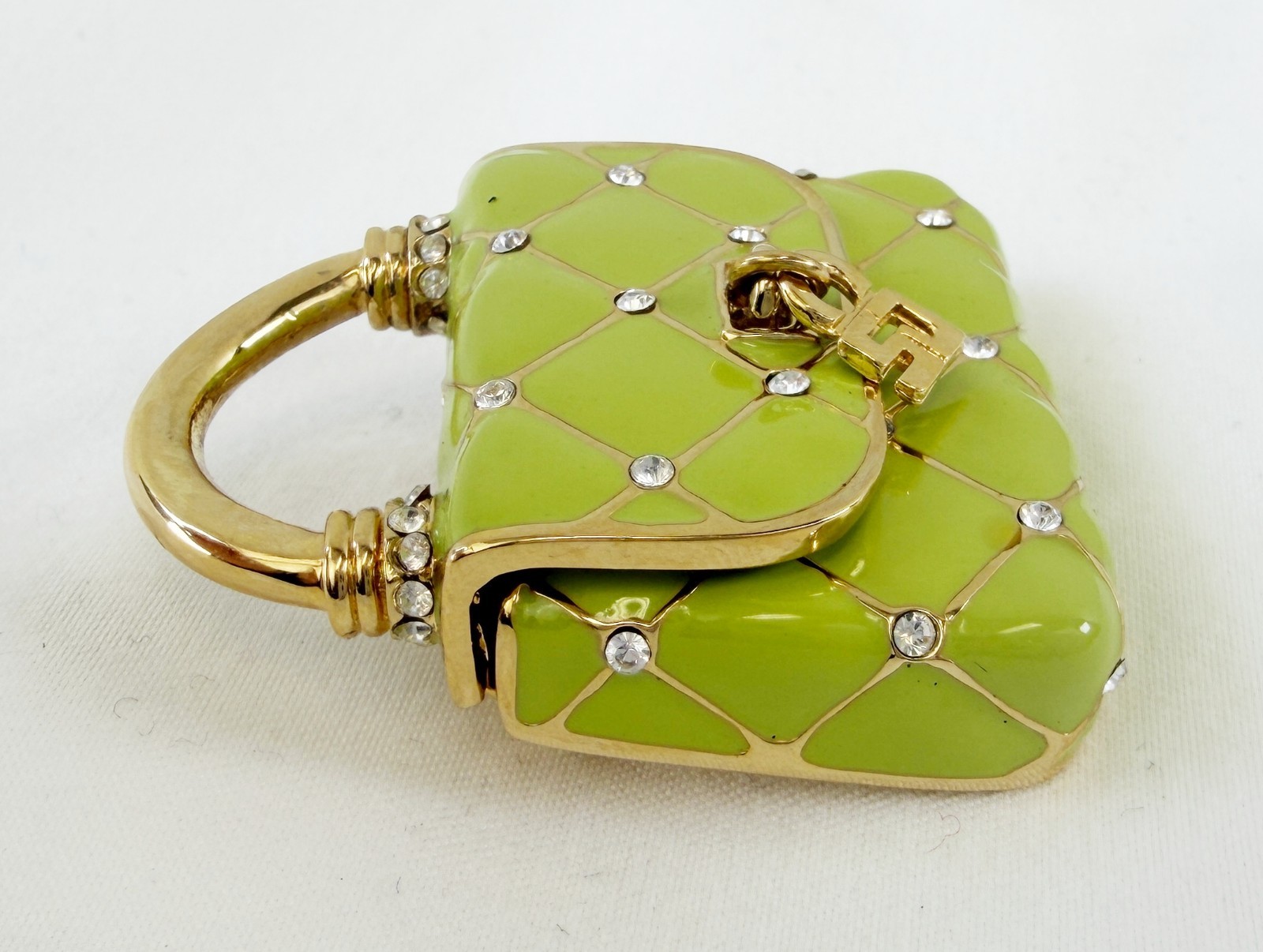 NEW ST. JOHN Handbag Mini Brooch Pin Green Enamel Crystals 24KGP Logo Enhancer