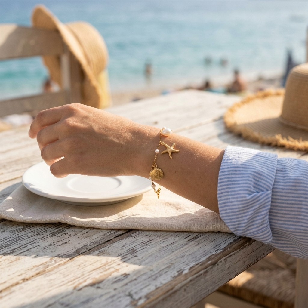 Ocean Starfish Shell Charm Bracelet Gold Tone Adjustable Beach Bracelet for Girl
